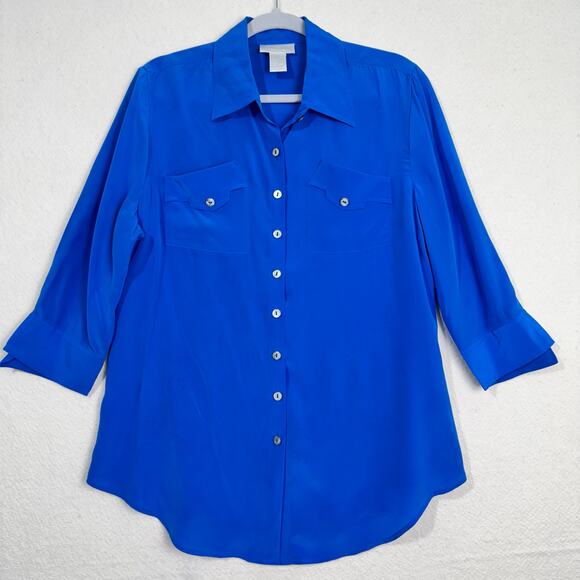 Soft Surroundings Blue Silk Button Up Tunic Blouse Size Petite Large 3/4 Sleeve - Picture 1 of 6